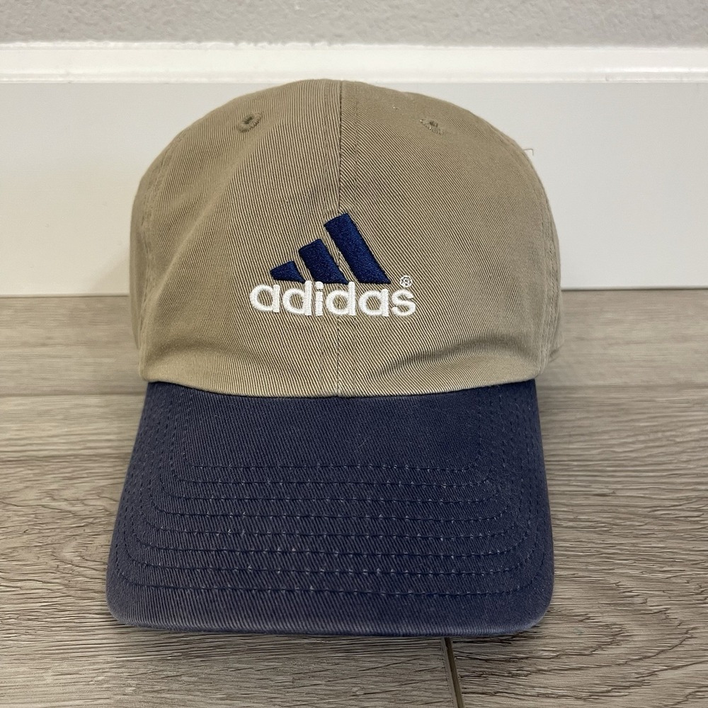 Vintage Adidas Baseball Mens Cap Two Tone 90s Cotton Strapback Hat Beige/Navy